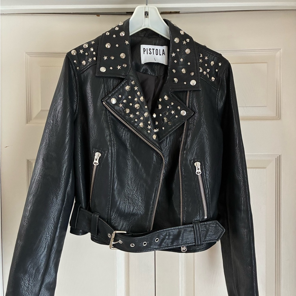 Pistola Black Leather Jacket with Silver Studs